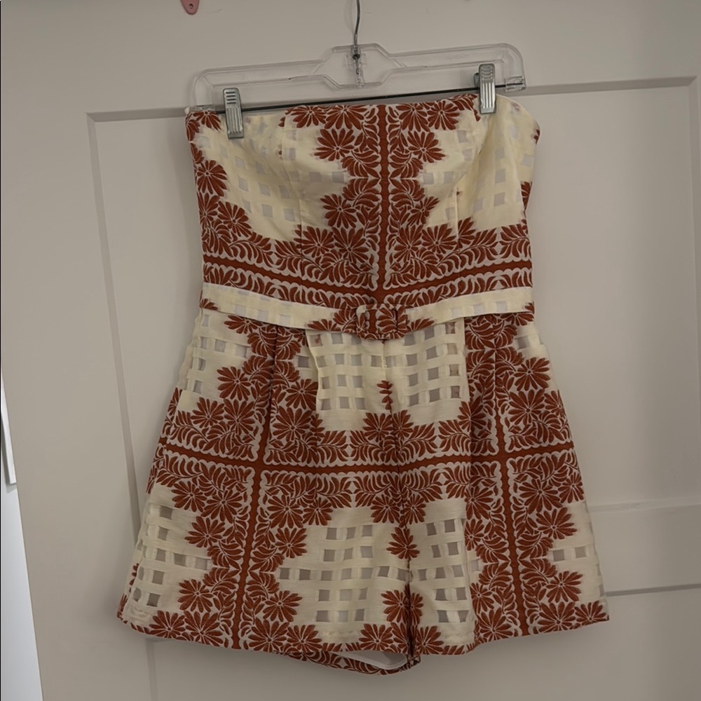 Strapless Cream and Burnt Orange Patterned Romper